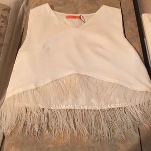 Off white sleeveless crop top with feathers